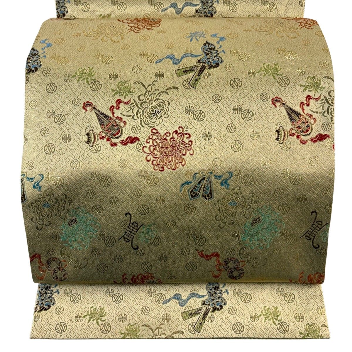 袋帯 秀品 菊 和楽器 箔 金色 全通 正絹 【中古】