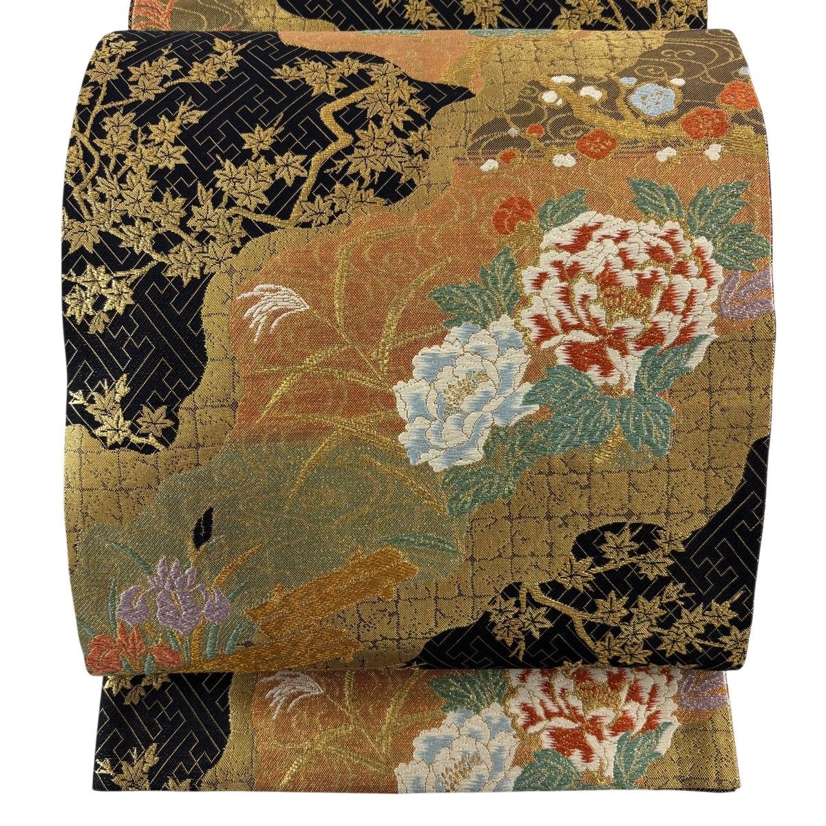 【美品】 袋帯 秀品 草花 紅葉 箔 金糸 金色 六通 正絹 【中古】