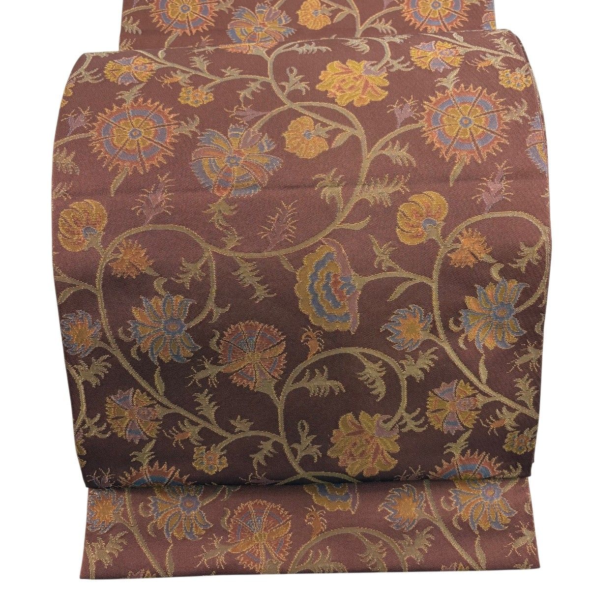 【美品】 袋名古屋帯 秀品 織悦 落款 花唐草 箔 茶色 正絹 【中古】