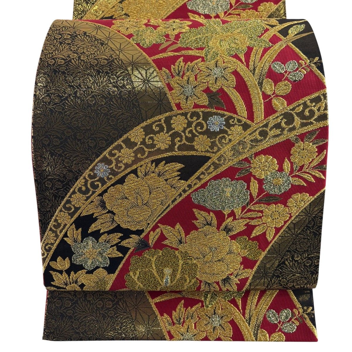 【美品】 袋帯 秀品 振袖向き 草花 花唐草 金糸 箔 赤 六通 正絹 【中古】