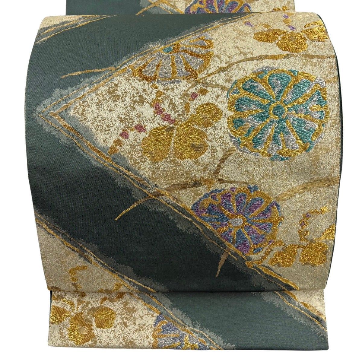 【美品】 袋帯 秀品 菊 桐 金銀糸 箔 灰緑 六通 正絹 【中古】