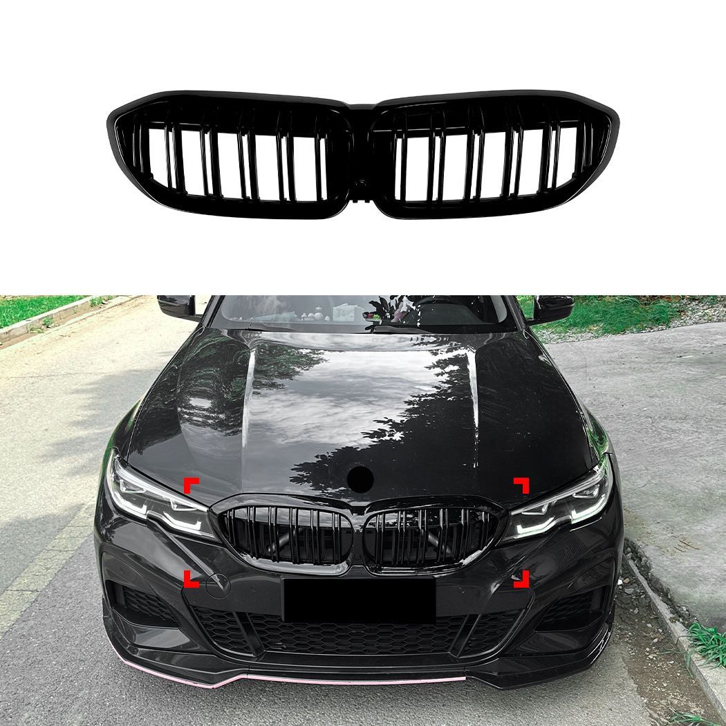 送料込み BMW（ビーエムダブリュー）3シリーズ G20 前期モデル 2019-2022 専用キドニーグリル（フロントグリル／2本ライン ブラックアウトタイプ）フロントマスクをシャープに 高級感あるピアノブラック仕上げ スポーティな輝きをプラス