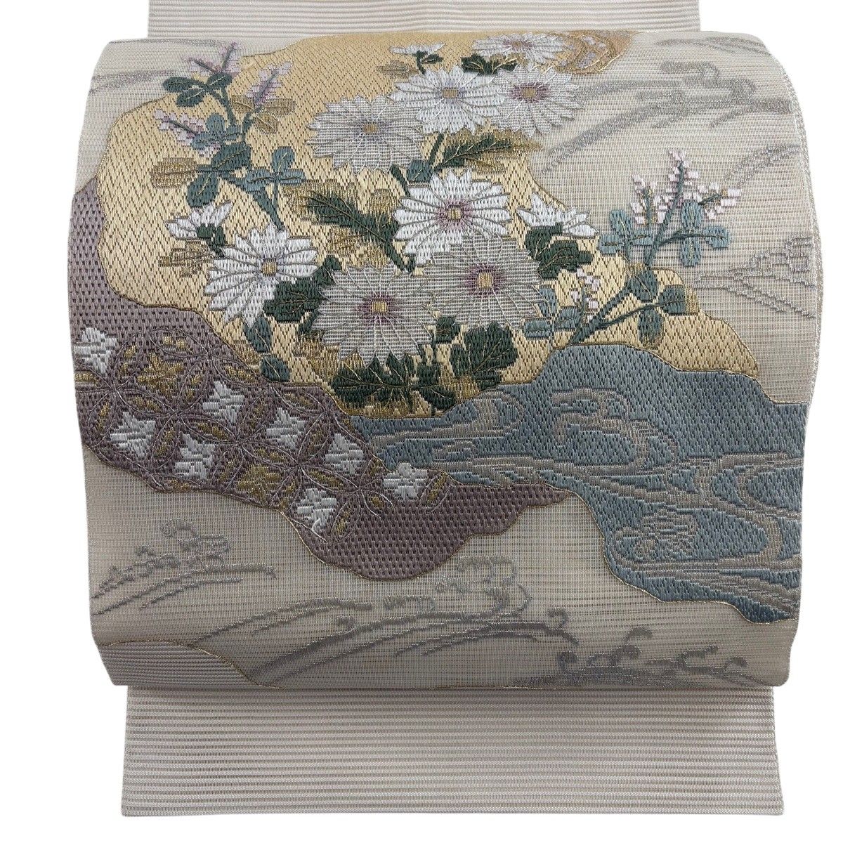 【美品】 袋帯 秀品 夏帯 絽 菊 波頭 金銀糸 クリーム お太鼓柄 正絹 【中古】