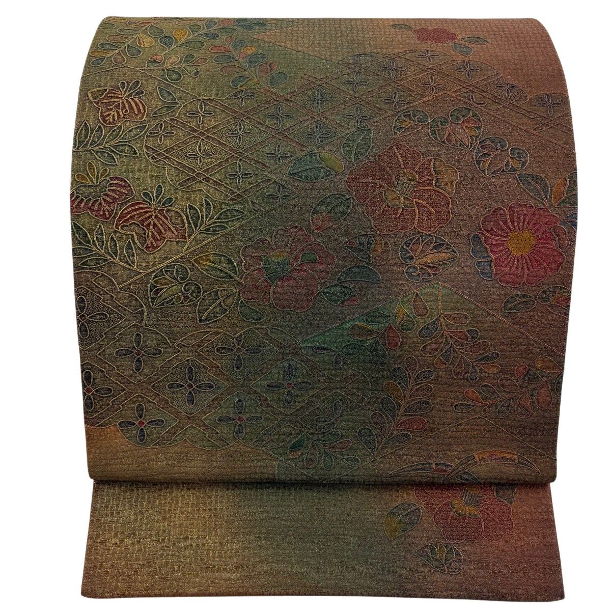 袋帯 秀品 椿 花菱 金糸 金彩 灰緑 お太鼓柄 正絹 【中古】