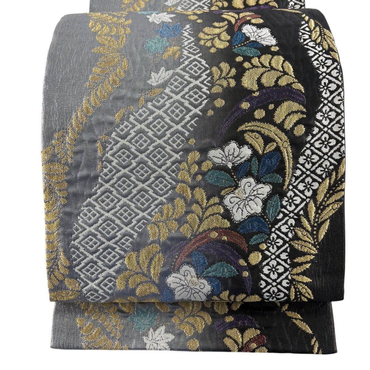 【美品】 袋帯 秀品 草花 金糸 箔 黒灰 六通 正絹 【中古】