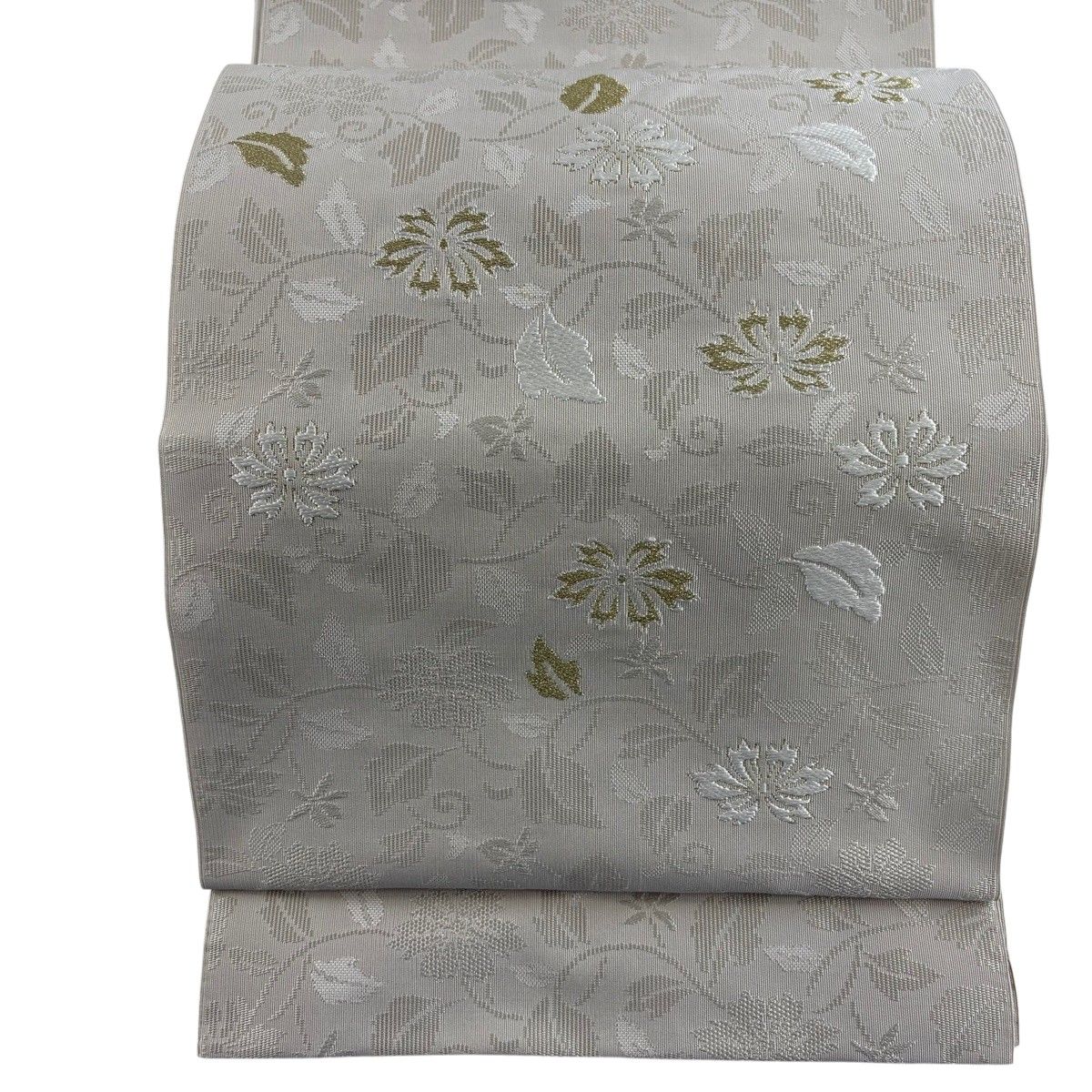 【美品】 名古屋帯 秀品 八寸名古屋帯 トンネル仕立て 花唐草 金糸 刺繍 ベージュ 正絹 【中古】