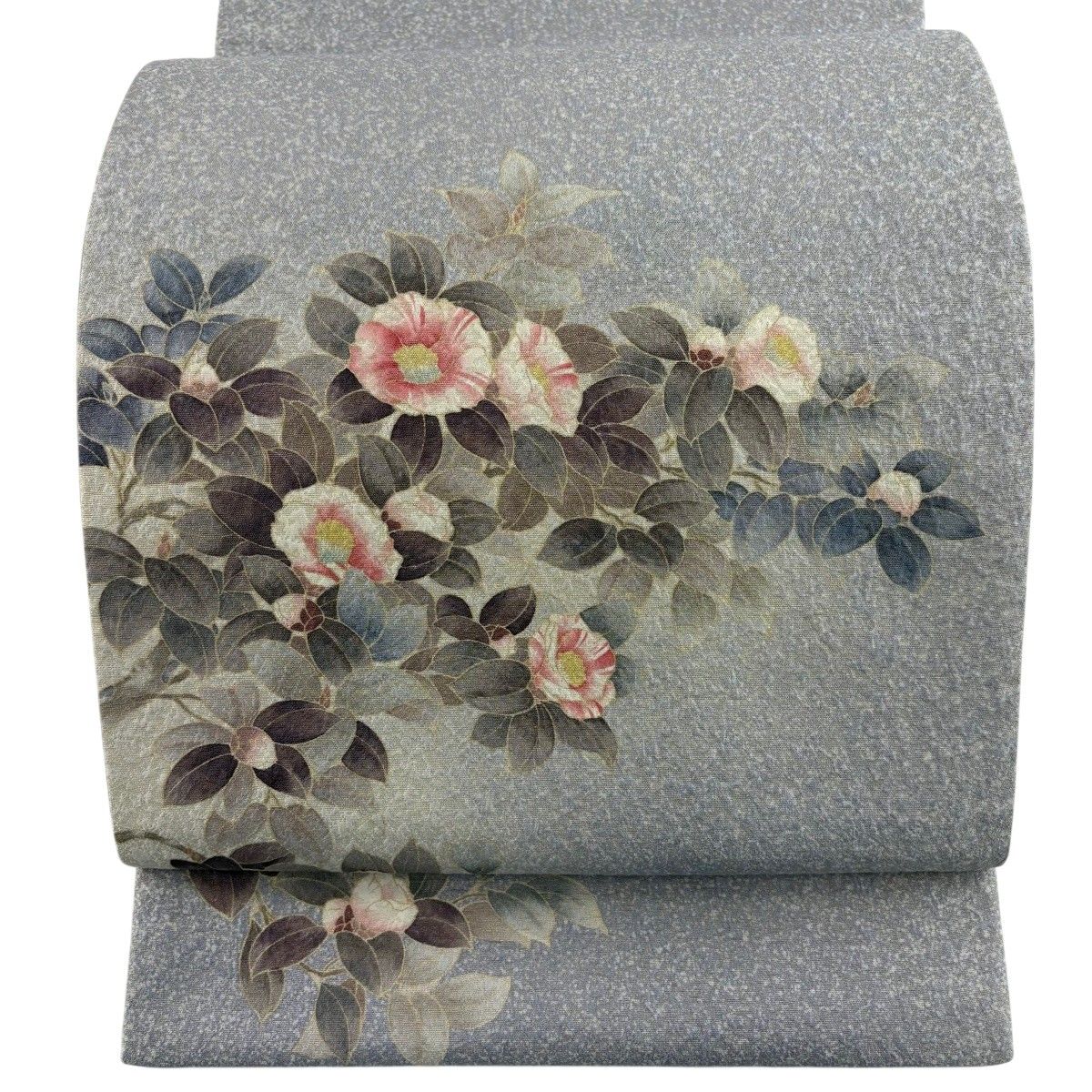 【美品】 袋帯 秀品 落款 枝花 金糸 灰紫 お太鼓柄 正絹 【中古】