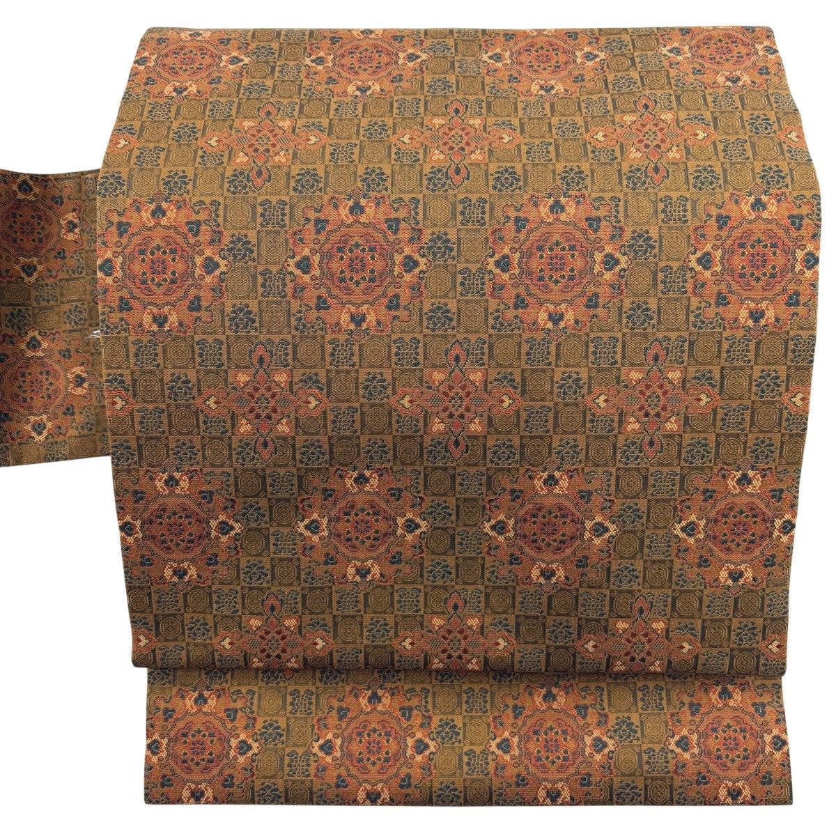 【美品】 名古屋帯 秀品 華文 市松 茶緑色 正絹 【中古】