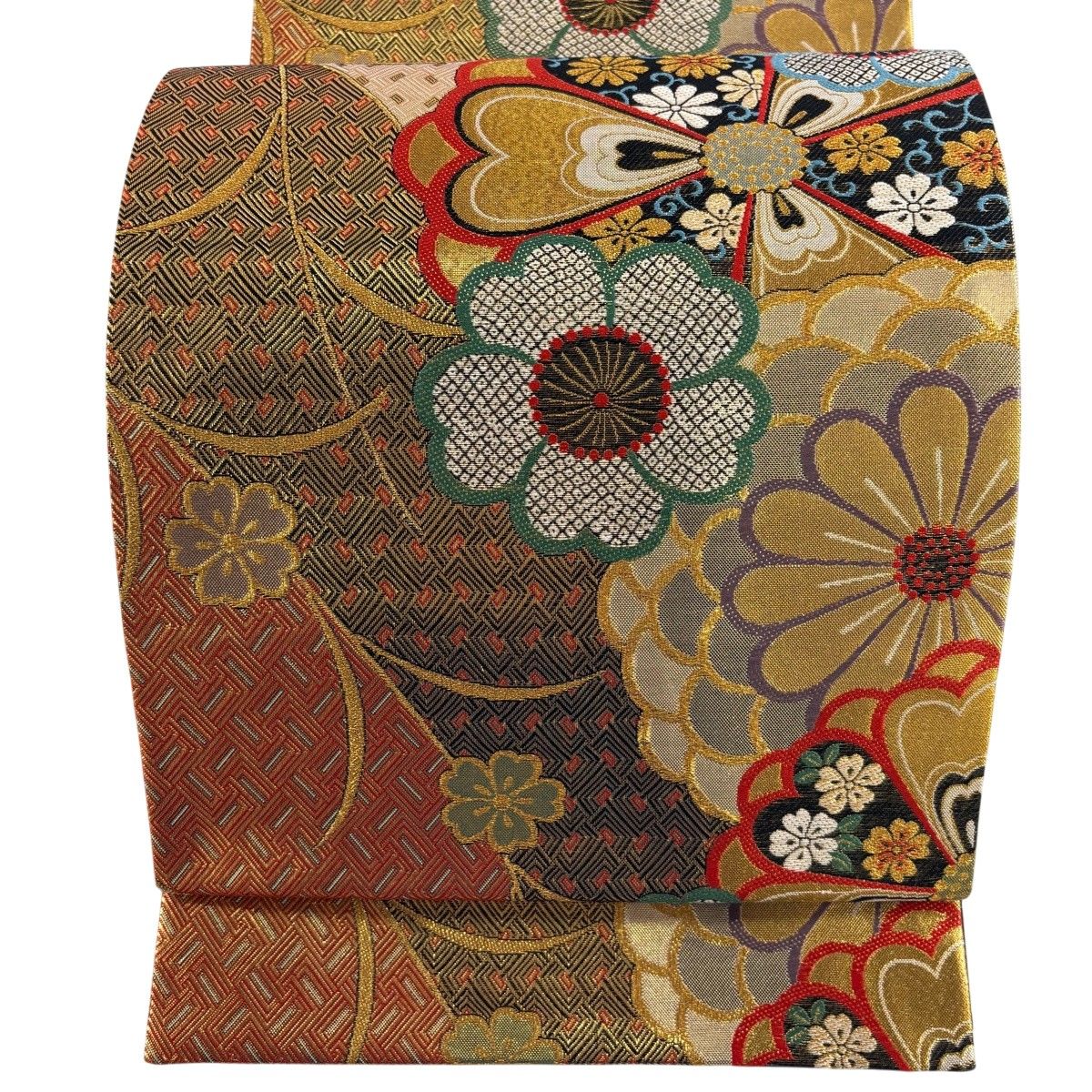 袋帯 秀品 草花 幾何学模様 金糸 箔 金色 六通 正絹 【中古】