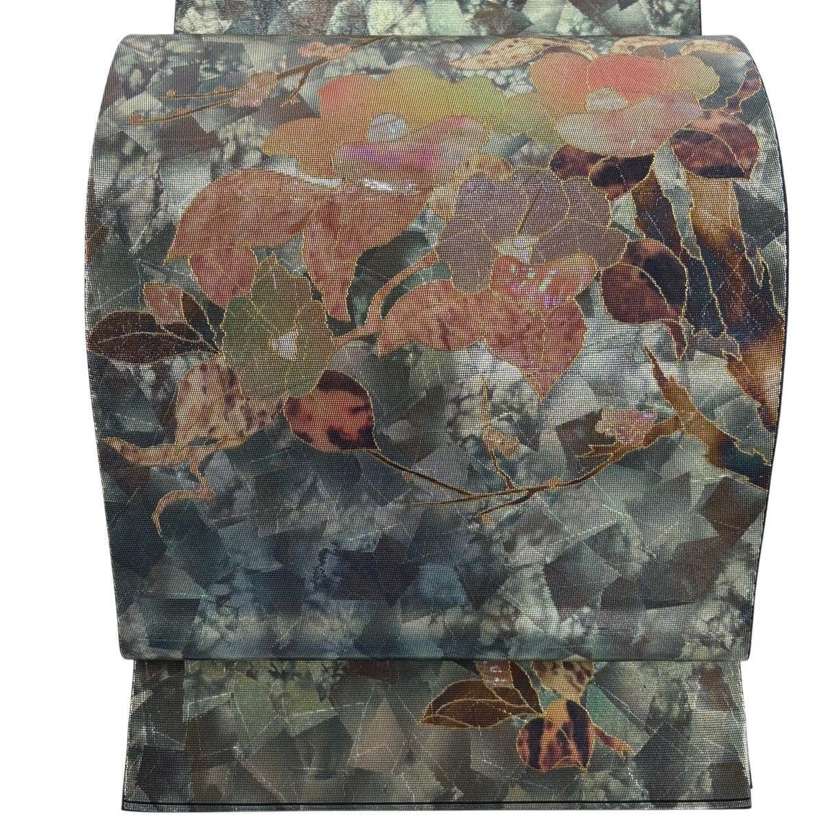 【美品】 袋帯 秀品 枝花 幾何学模様 螺鈿 箔 灰緑 お太鼓柄 正絹 【中古】