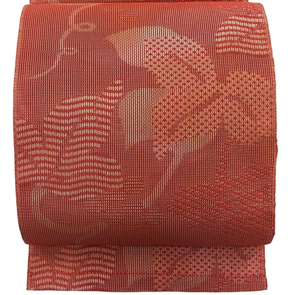 名古屋帯 秀品 八寸名古屋帯 夏帯 松葉仕立て 関西仕立て 葉柄 朱色 正絹 【中古】