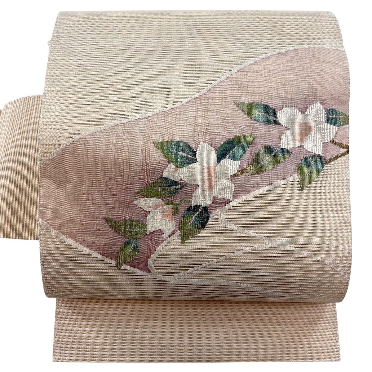 【美品】 名古屋帯 秀品 夏帯 絽 トンネル仕立て 草花 銀糸 ベージュ 正絹 【中古】
