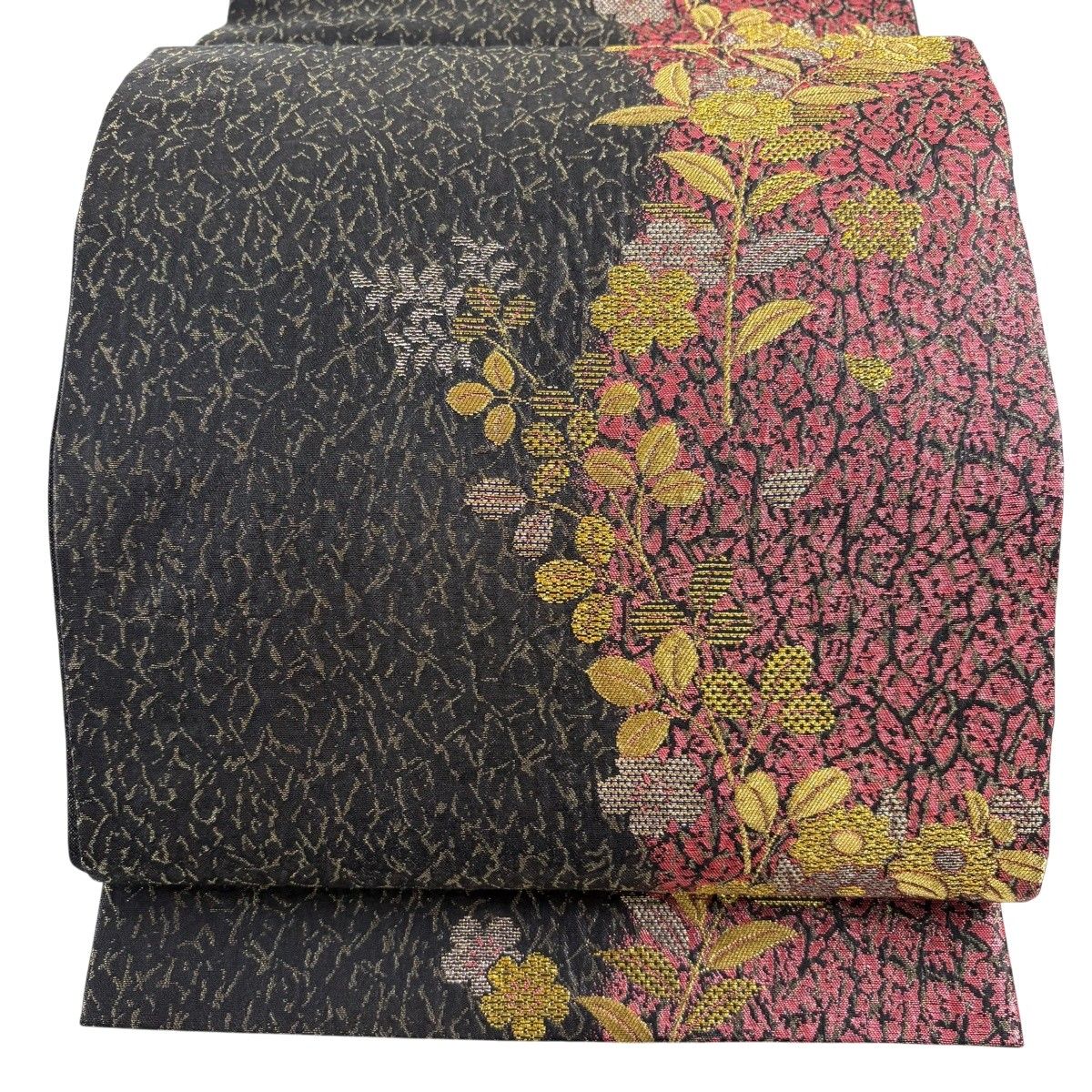 【美品】 袋帯 秀品 草花 萩 金糸 箔 黒 六通 正絹 【中古】