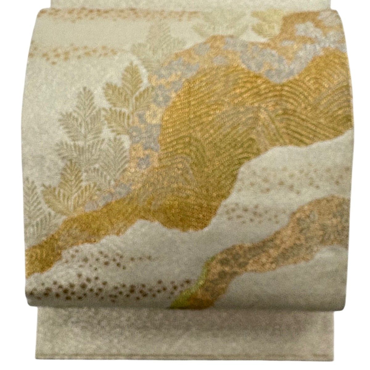 袋帯 秀品 関西仕立て 明綴 草花 波 箔 金銀糸 金色 お太鼓柄 正絹 【中古】