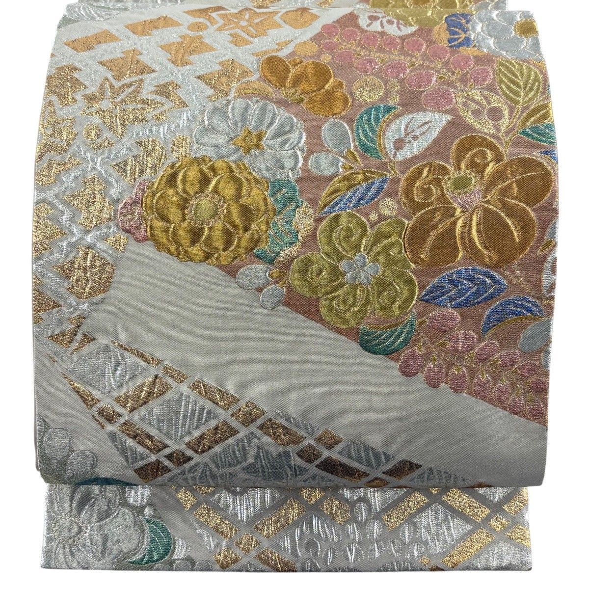 【美品】 袋帯 秀品 草花 松皮菱 箔 金銀糸 クリーム 六通 正絹 【中古】