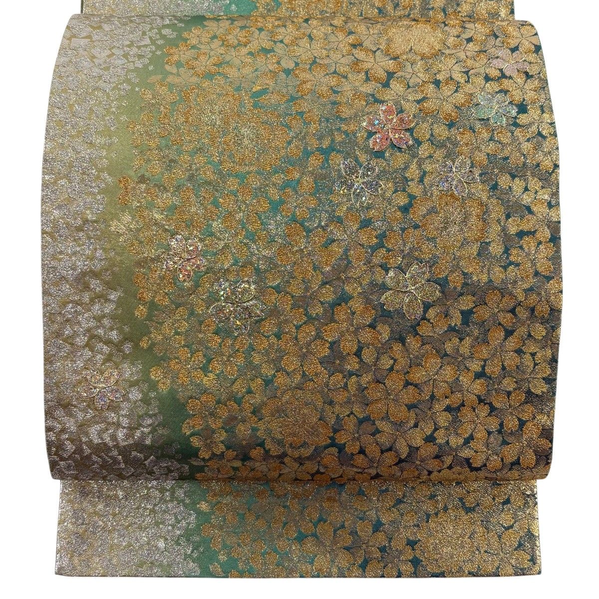 【美品】 袋帯 秀品 桜 箔散らし 箔 金銀糸 緑 お太鼓柄 正絹 【中古】