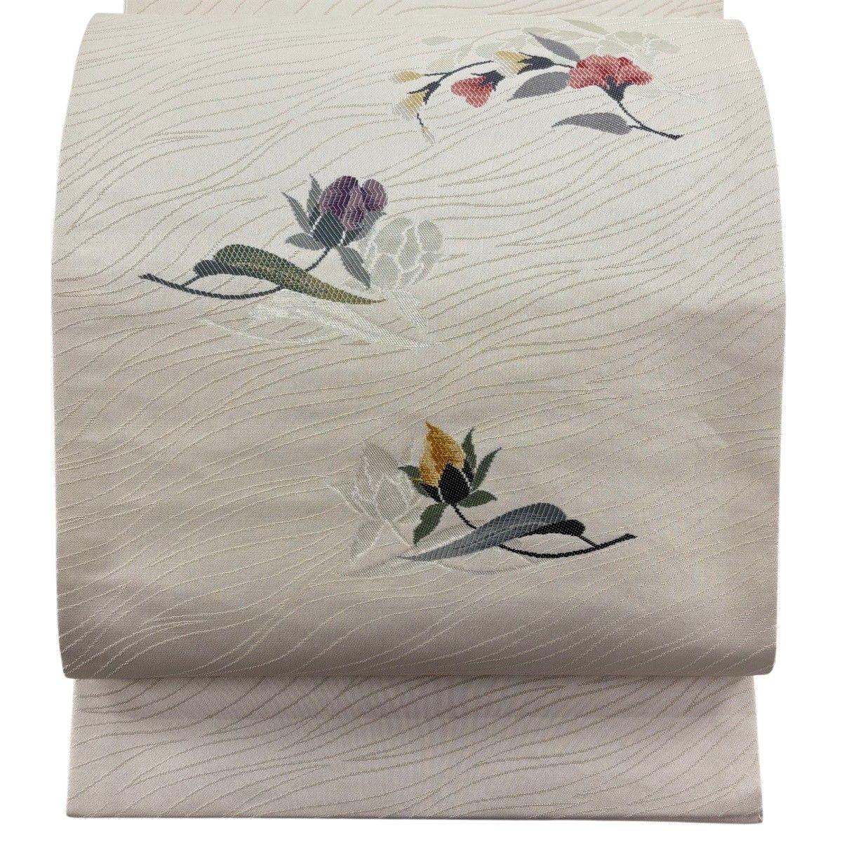 【美品】 開き名古屋帯 秀品 草花 地紋 箔 薄茶色 正絹 【中古】