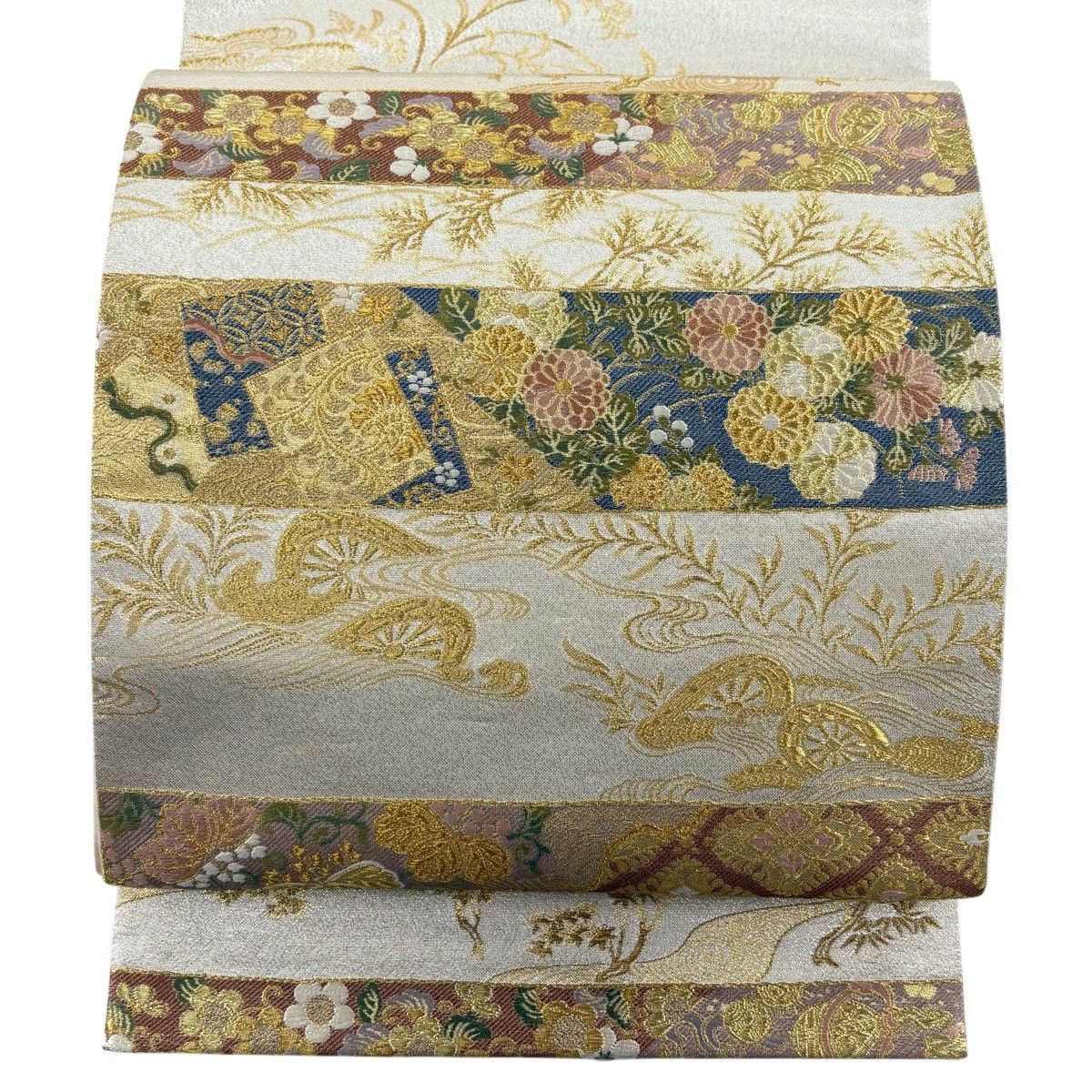 【美品】 袋帯 秀品 草花 段縞 金糸 箔 金色 六通 正絹 【中古】