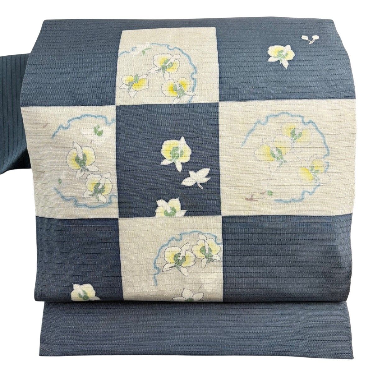 名古屋帯 秀品 夏帯 絽 雪輪 花 銀彩 青緑 正絹 【中古】
