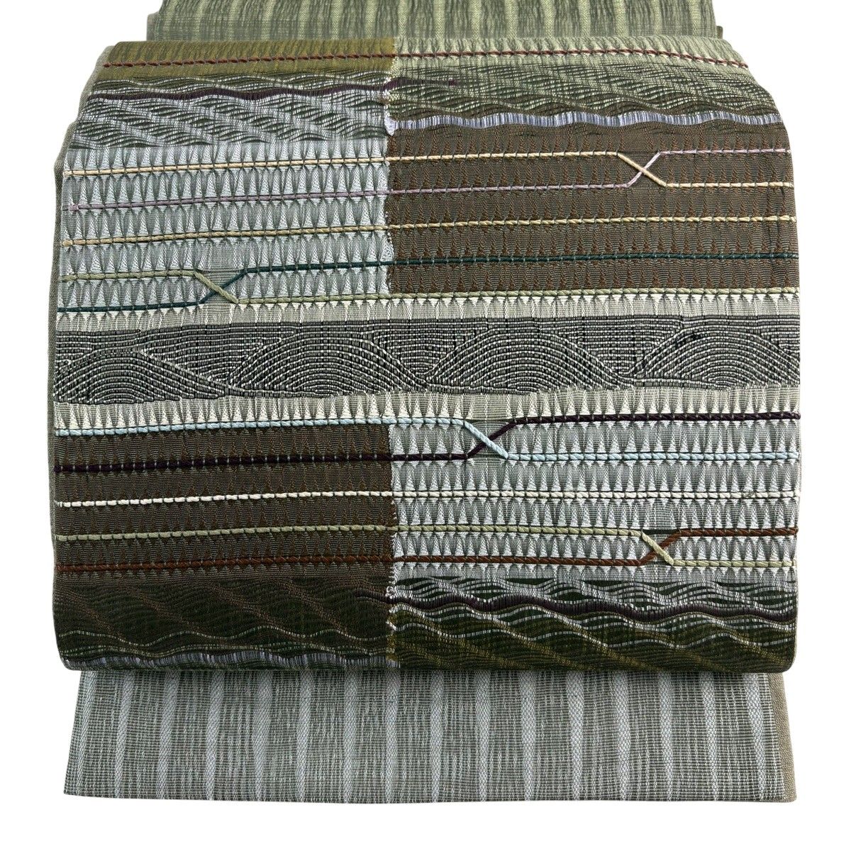 袋帯 秀品 紬地 縞 幾何学模様 茶緑色 お太鼓柄 正絹 【中古】
