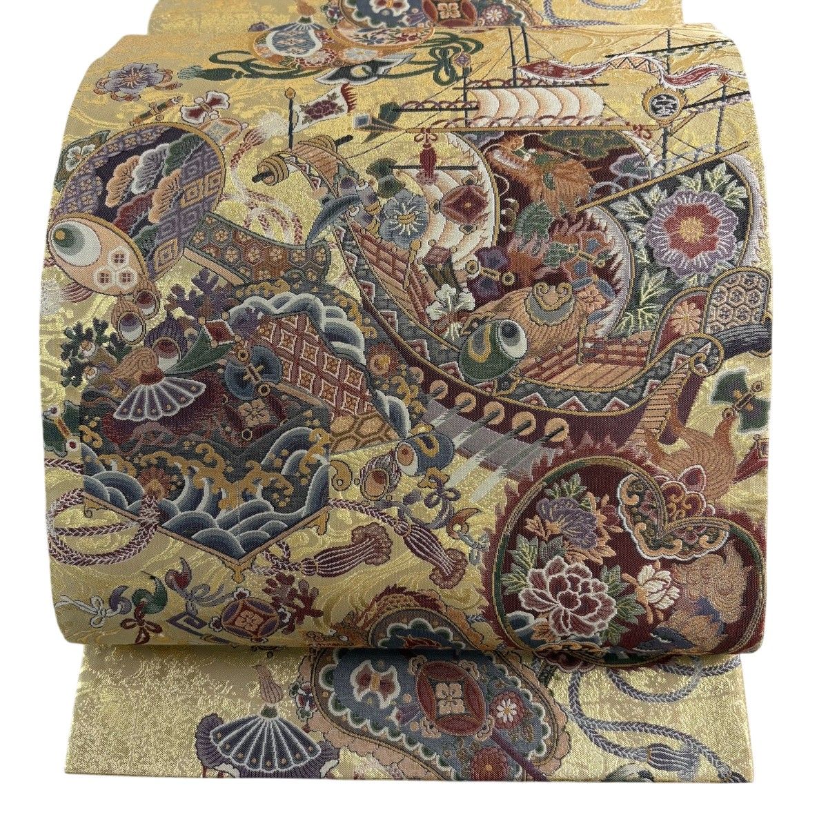【美品】 袋帯 秀品 宝船 波 箔 ベージュ 六通 正絹 【中古】