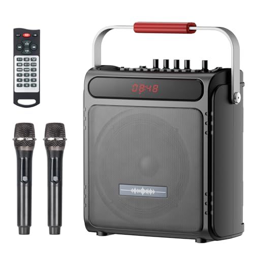 Moon River スピーカーセット カラオケセット 拡声器 Bluetooth 5.3対応 ワイヤレスマイク２本 高低音強化機能搭載 充電式 ポータブル カラオケマシン TF/USB/AUX/REC対応 ホームパーティー/室外/会議/防災 d708cd7e