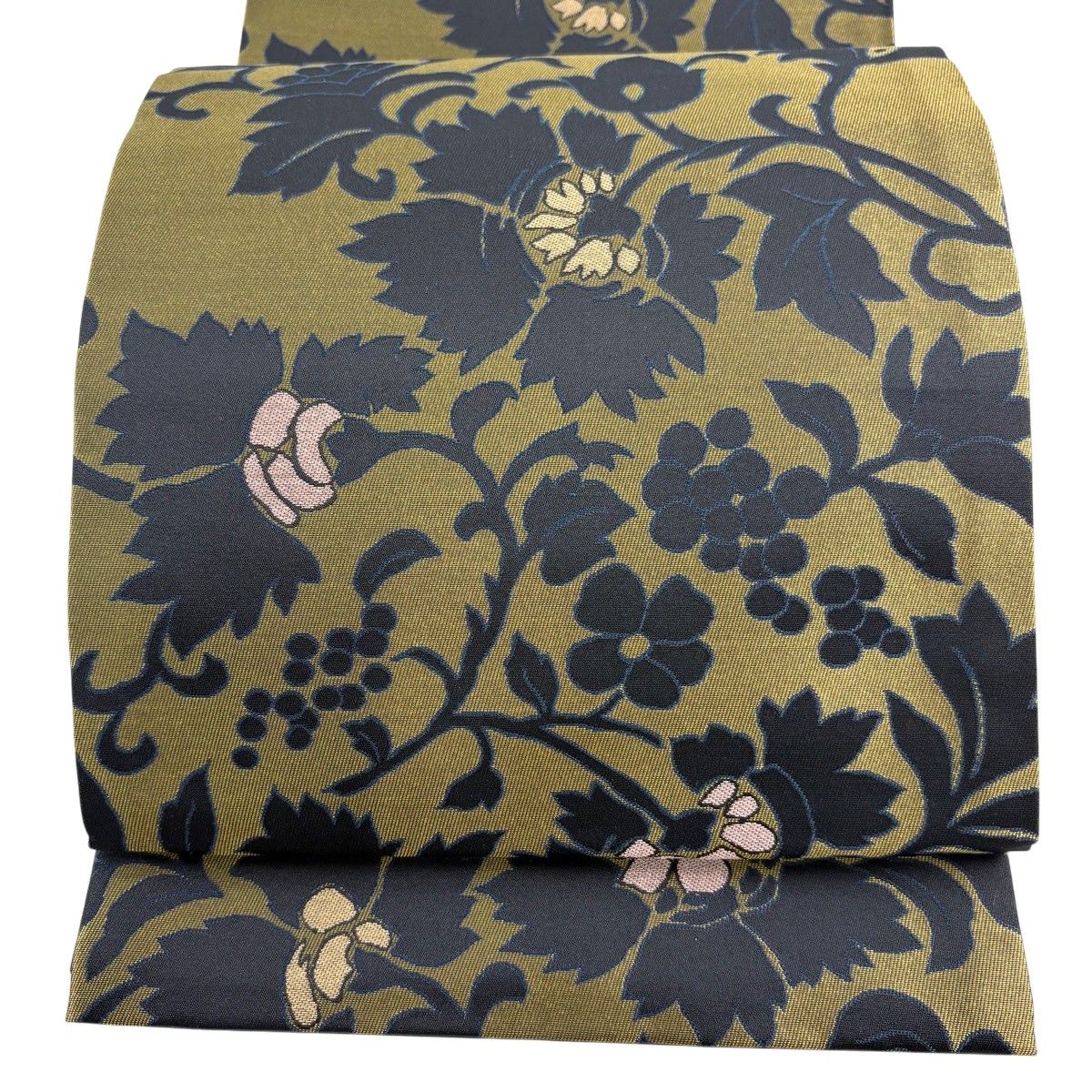 【美品】 袋名古屋帯 秀品 花唐草 金糸 茶緑色 化繊 【中古】