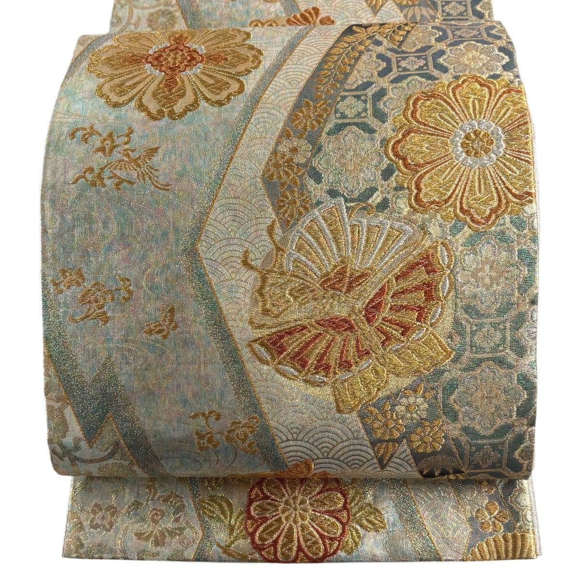 袋帯 秀品 華文 蝶 金銀糸 箔箔 緑 六通 正絹 【中古】