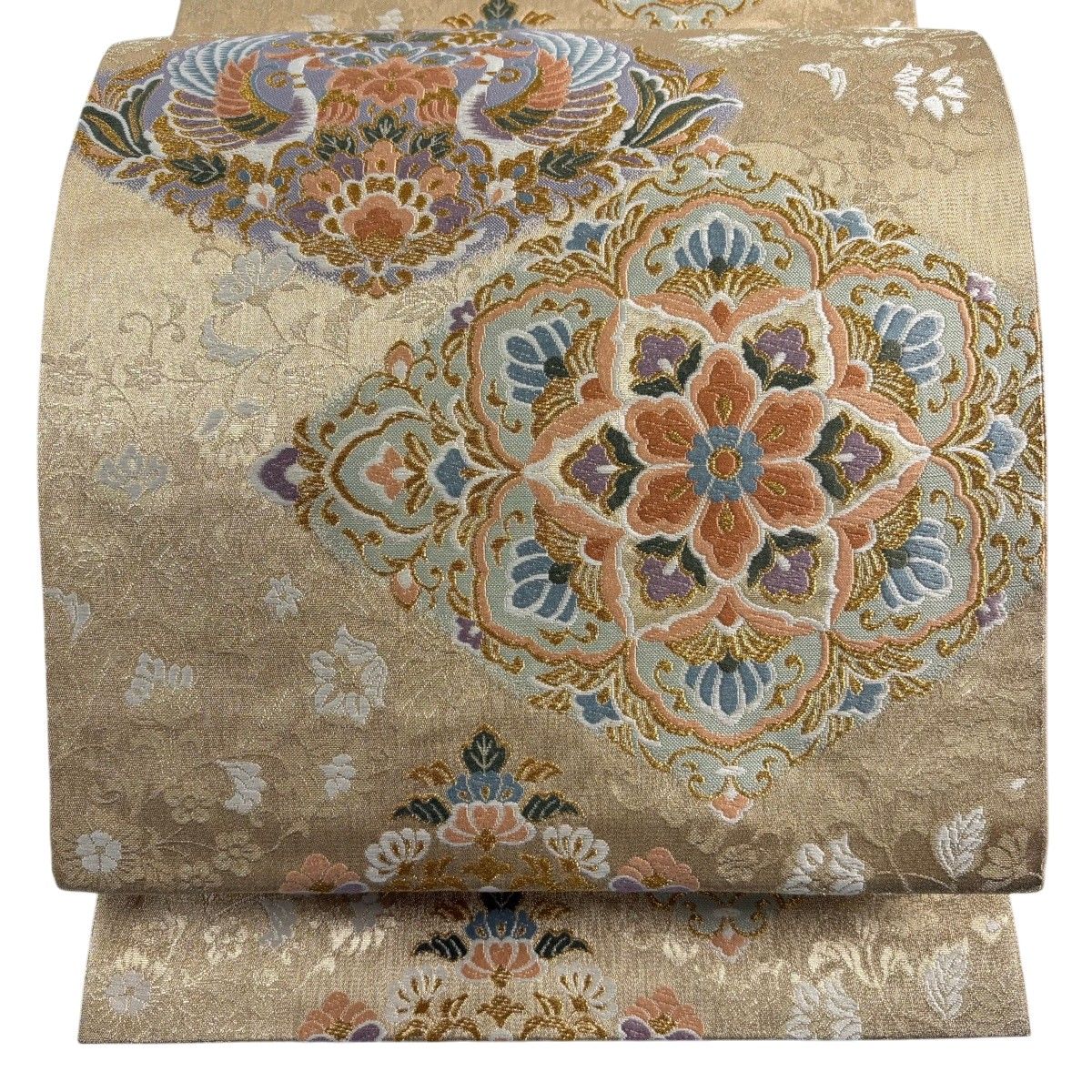 【美品】 袋帯 秀品 香貴錦 華文 向かい鳥 唐織 金糸 金色 六通 正絹 【中古】