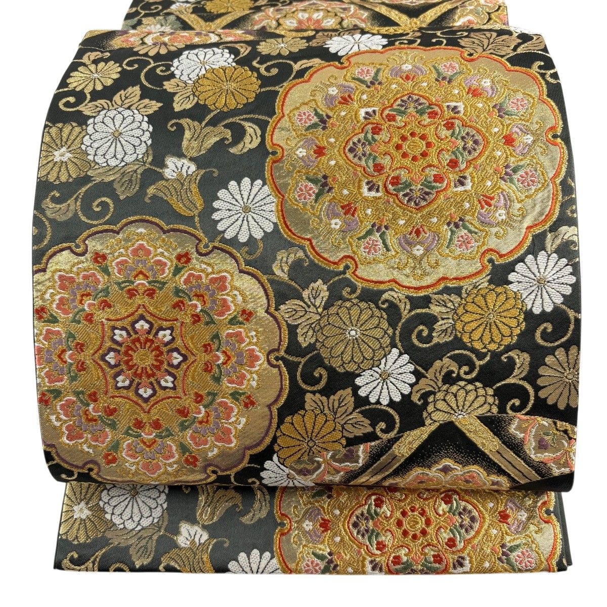 【美品】 袋帯 秀品 雪輪 華文 箔 唐織 深緑 六通 正絹 【中古】