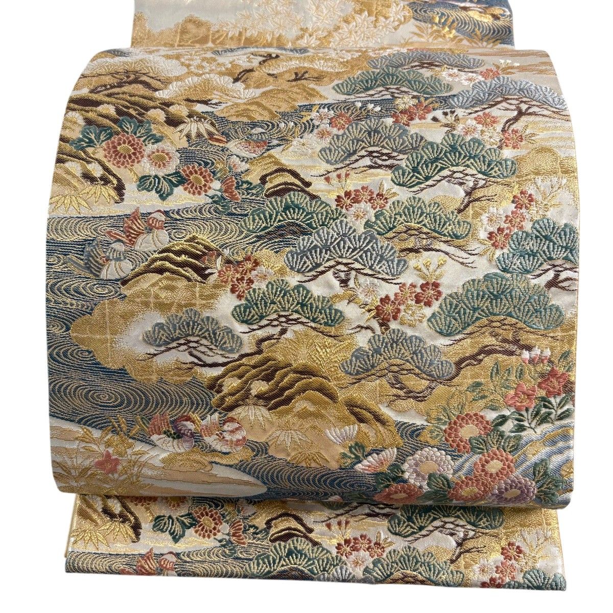 袋帯 秀品 笠松 鴛鴦 箔 唐織 金色 六通 正絹 【中古】