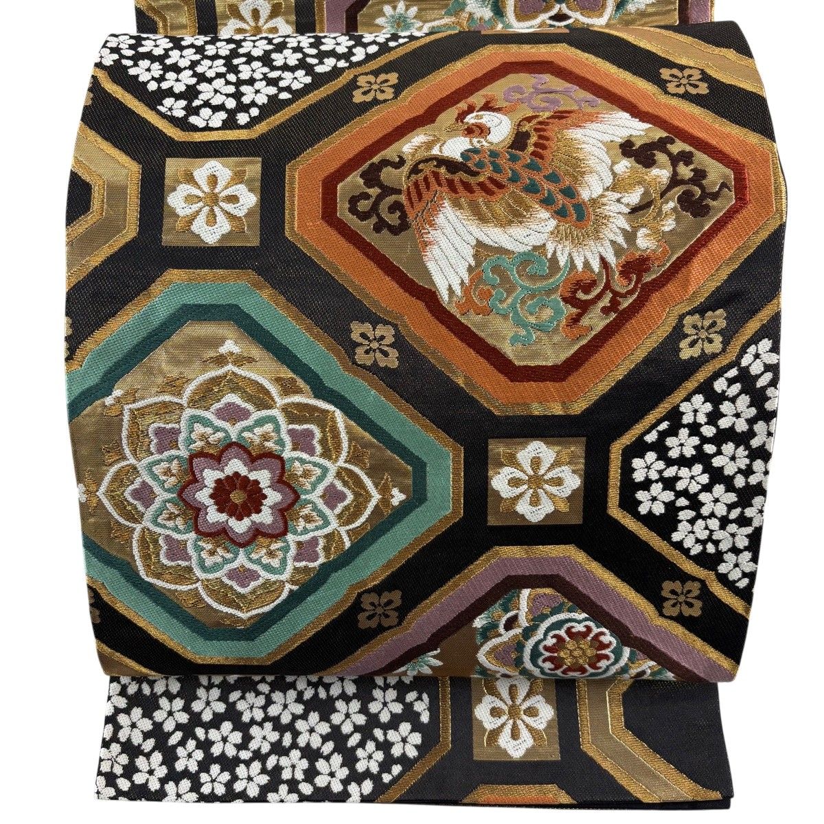 【美品】 袋帯 秀品 華文 鳥 金糸 黒 六通 正絹 【中古】