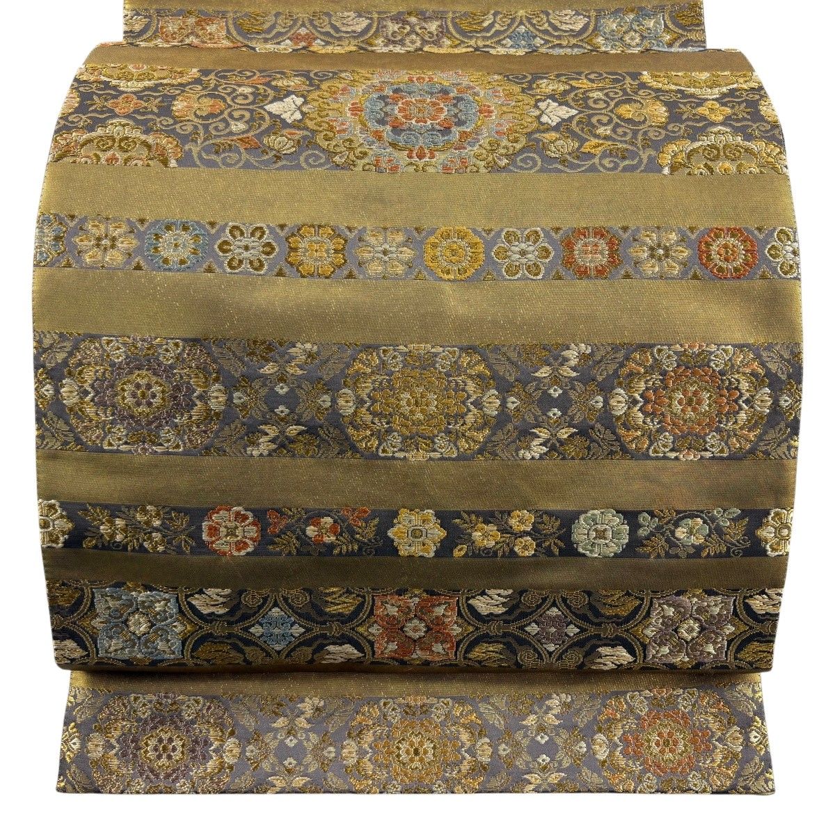 袋帯 秀品 華文 草花 金糸 箔 灰紫 お太鼓柄 正絹 【中古】