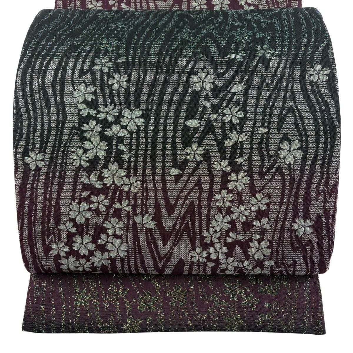 【美品】 袋帯 秀品 桜 流水 箔 深緑 全通 正絹 【中古】
