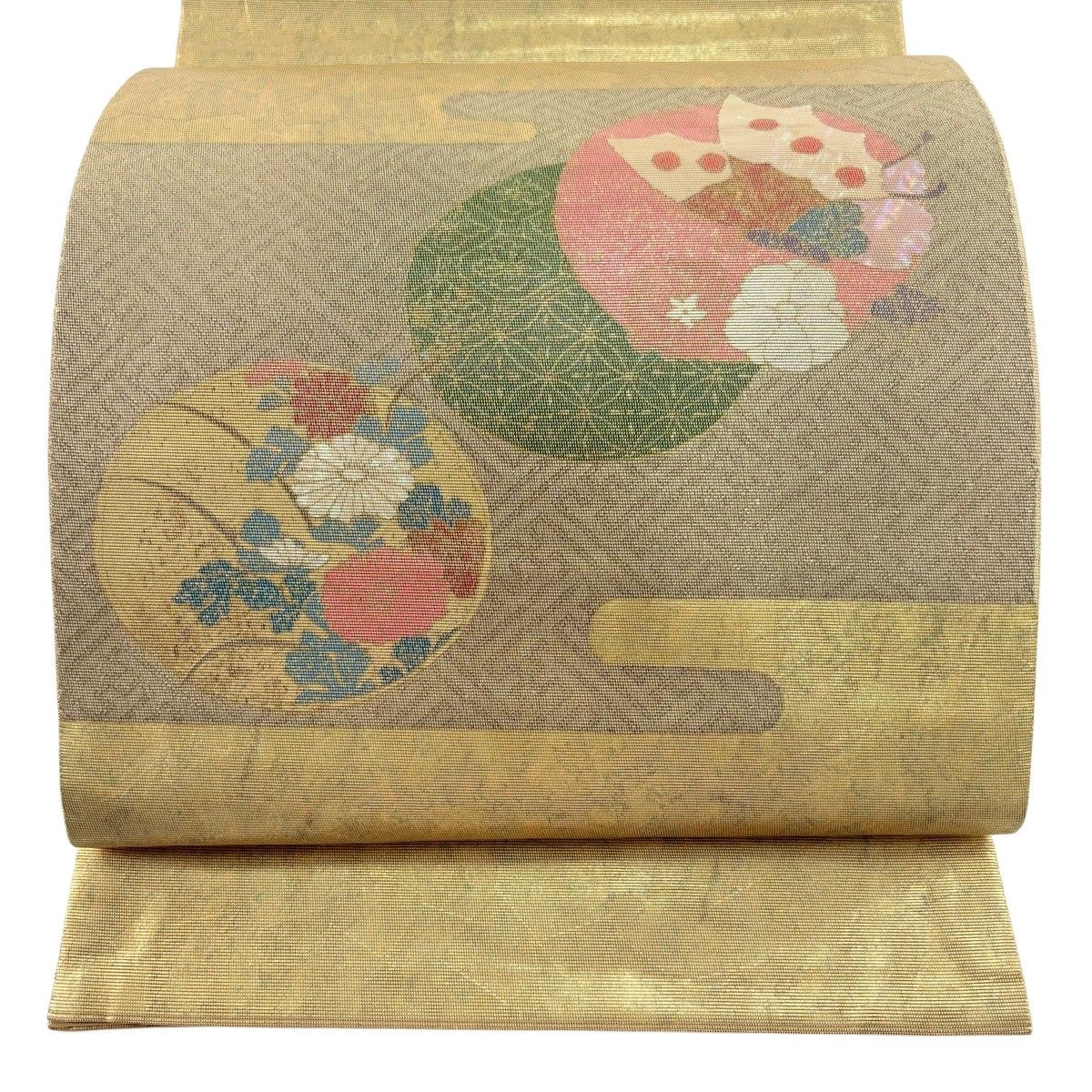 【美品】 袋帯 秀品 落款 関西仕立て 浅井青仁 草花 蝶 金糸 箔 金色 お太鼓柄 正絹 【中古】