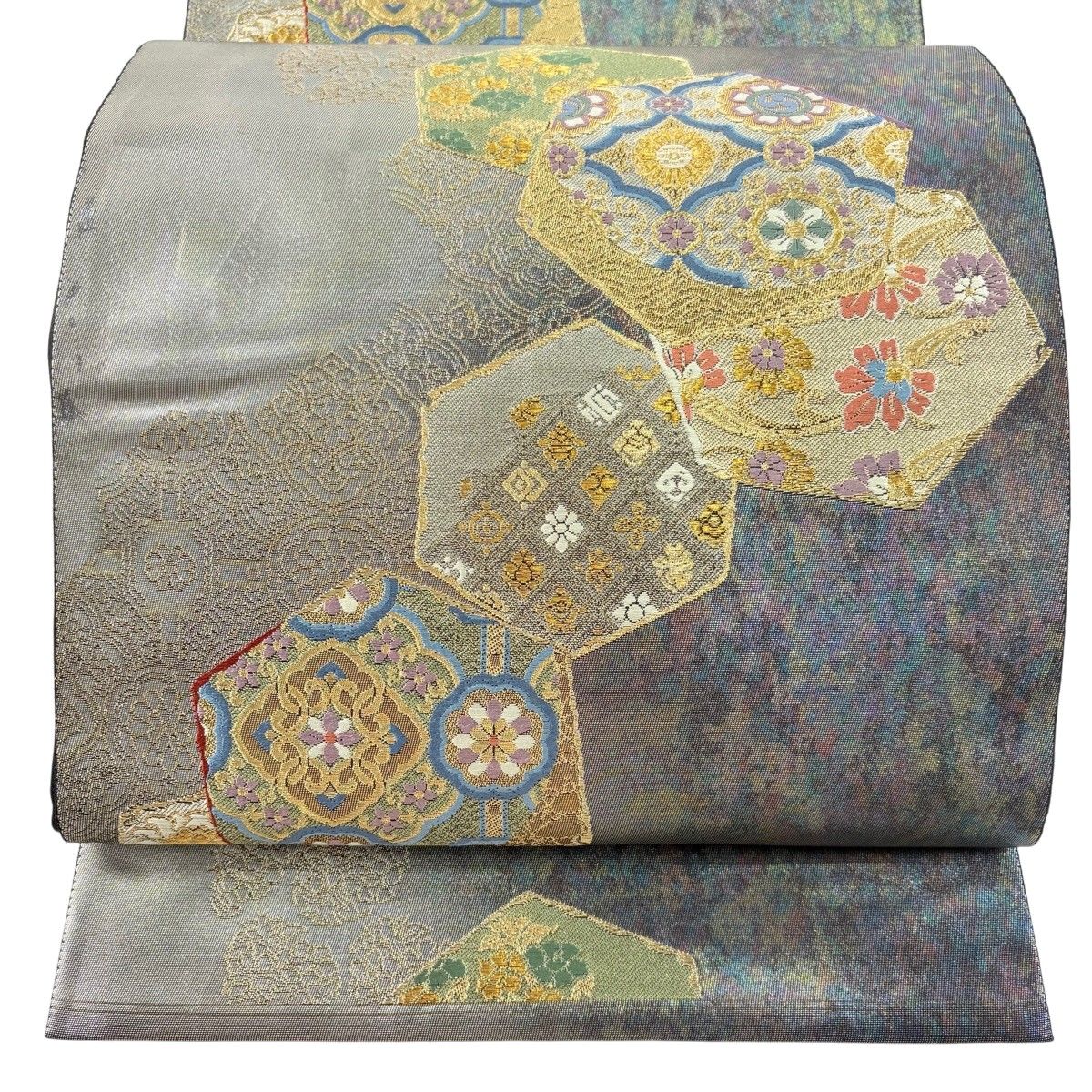 【美品】 袋帯 秀品 草花 亀甲 金糸 銀色 六通 正絹 【中古】
