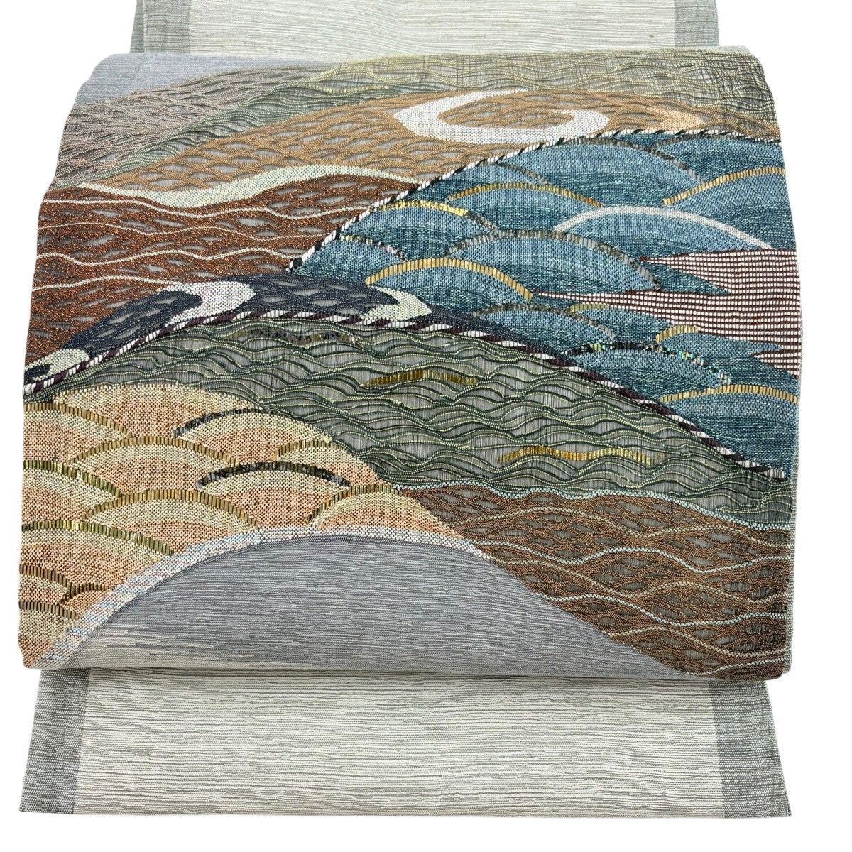 【美品】 袋帯 秀品 山並 幾何学模様 金糸 箔 灰緑 お太鼓柄 正絹 【中古】