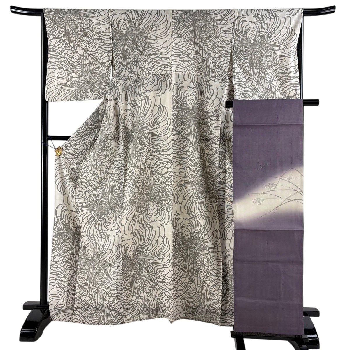 【美品】 小紋 身丈166cm 裄丈65cm M 薄物 名古屋帯セット 乱菊 市松 ベージュ 正絹 名品 【中古】