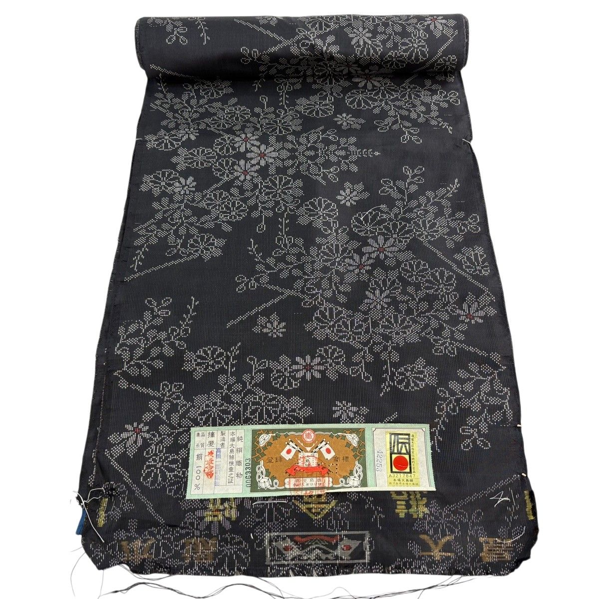反物 秀品 大島紬 証紙 草花 墨色 正絹 【中古】