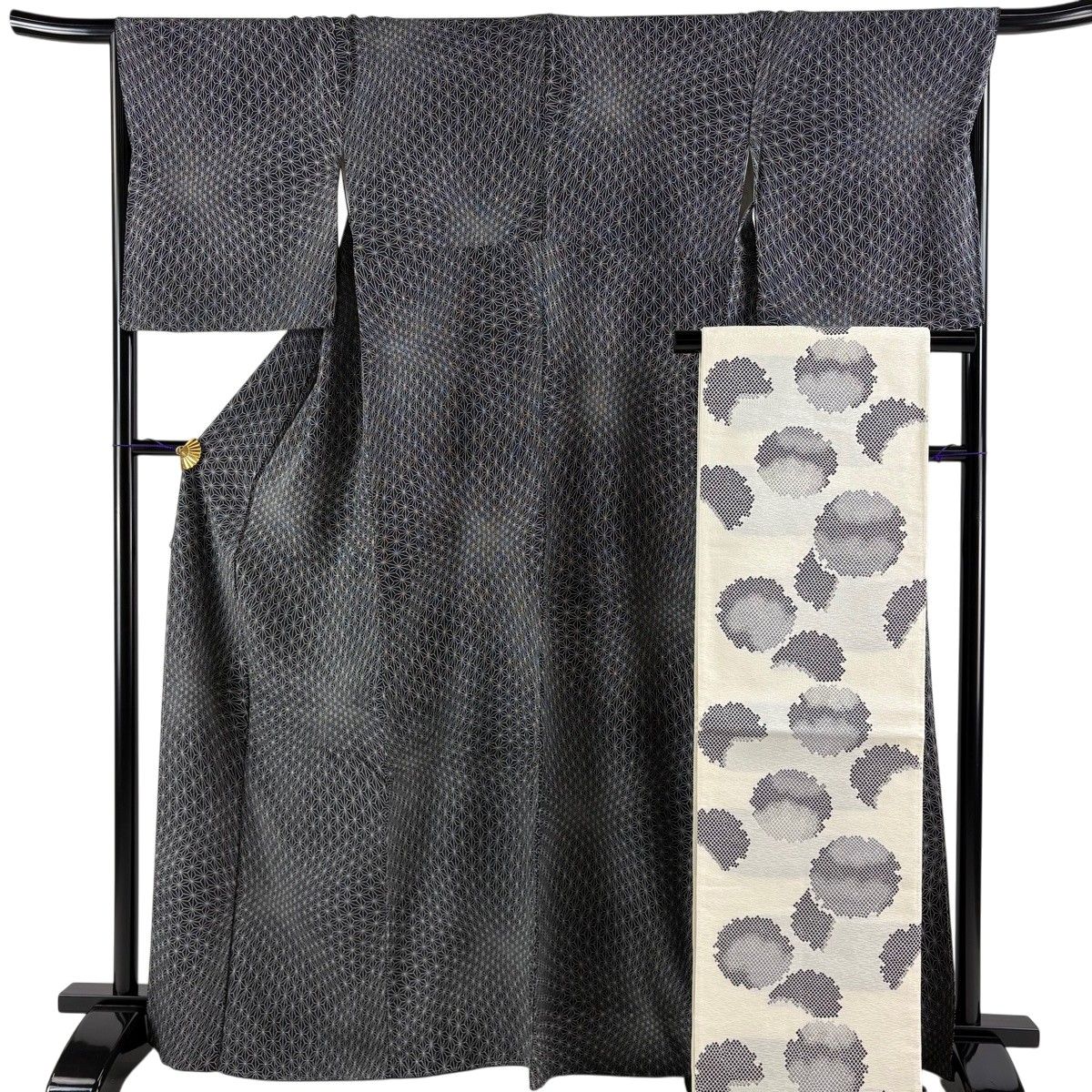【美品】 小紋 身丈167cm 裄丈66.5cm M 袷 袋帯セット 麻の葉 黒 正絹 秀品 【中古】