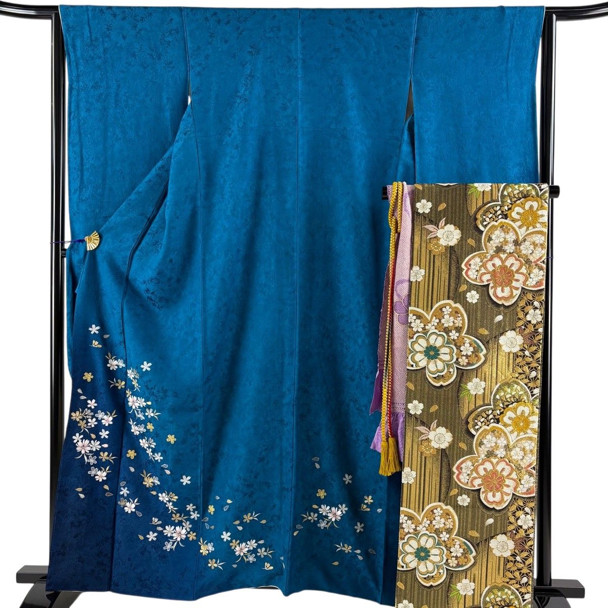 振袖 身丈162cm 裄丈63.5cm S 袷 袋帯フルセット 桜 花びら 金銀糸 ぼかし 青緑 正絹 秀品 【中古】 14,768円