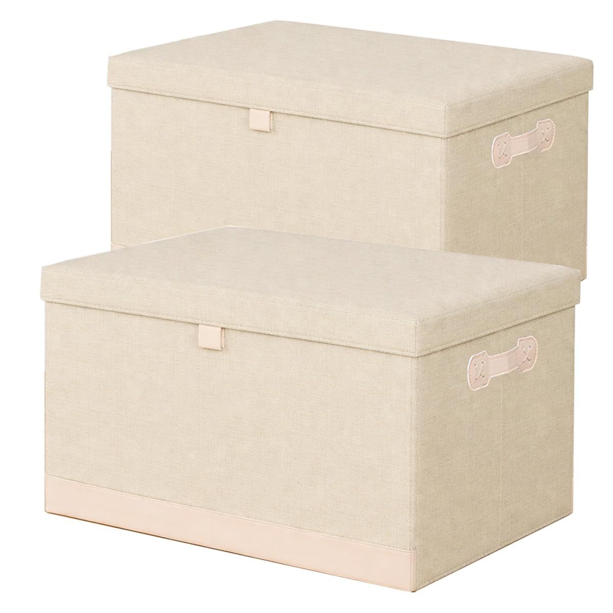 収納ボックス 衣類収納ケース 45L 収納箱 (2個セット) 折りたたみ ファブリック ストレージ ボックス レザー ハンドル フタ付き 家庭用 ストレージ ボックス 防塵 整理箱 46x36x28cm ベージュ+ ホワイト★ b49285fe