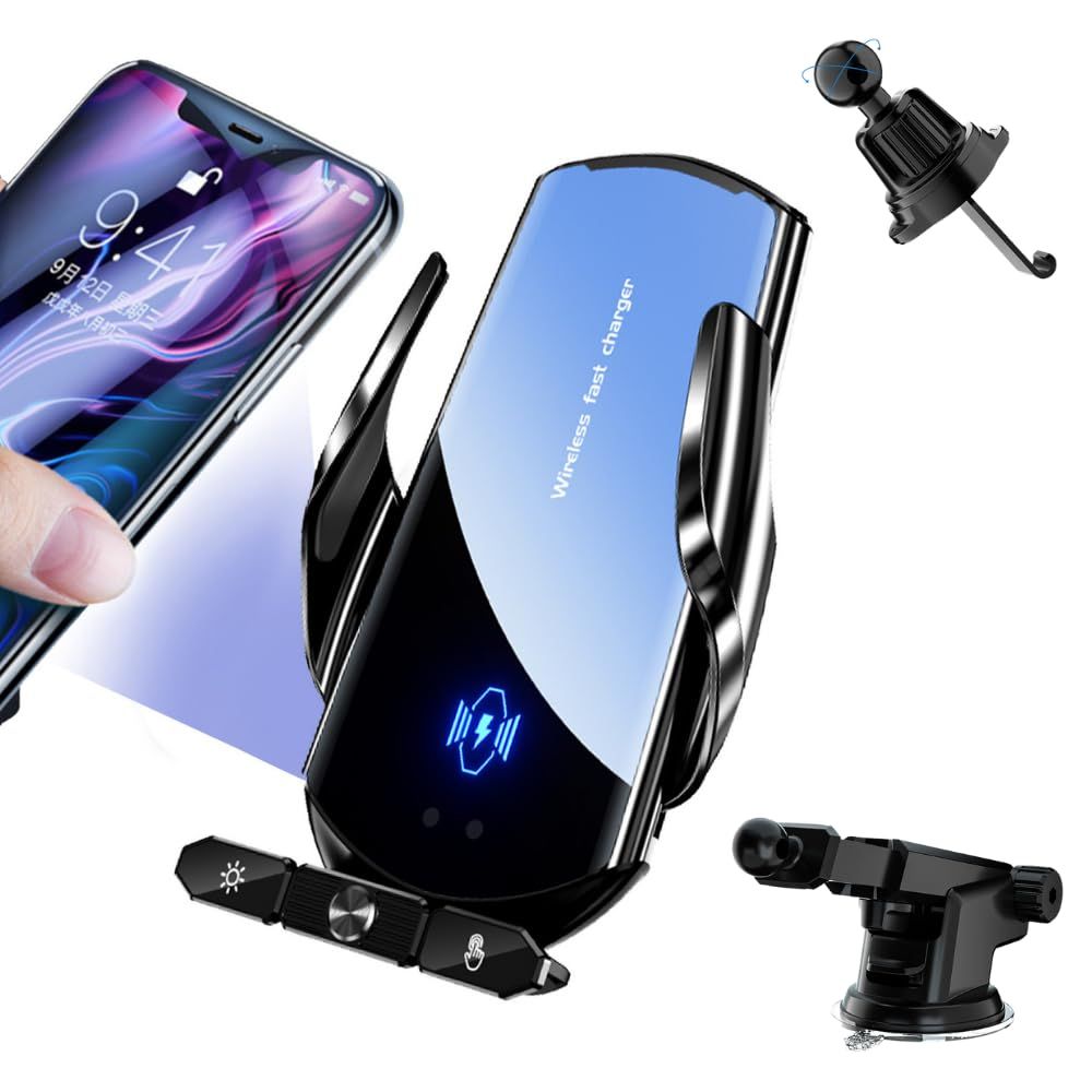 Be Oshare 車スマホホルダー 車載携帯ホルダー 吹き出し口フック付き ダッシュボードスタンド付き 15W ワイヤレス充電 バッテリー付き エンジン切っても使用可能 自動開閉 赤外線センサー タッチセンサー 光る 夜でも操作可能 360度回転 ...
