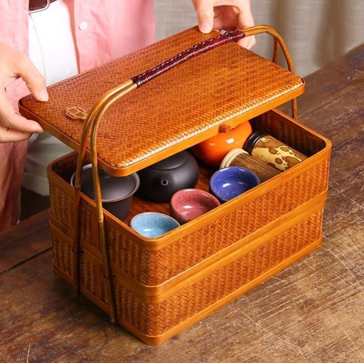 激安☆2層★茶道具 飯盒★職人手作 竹製 手作 茶器 收納 漆器 茶盒 茶箱