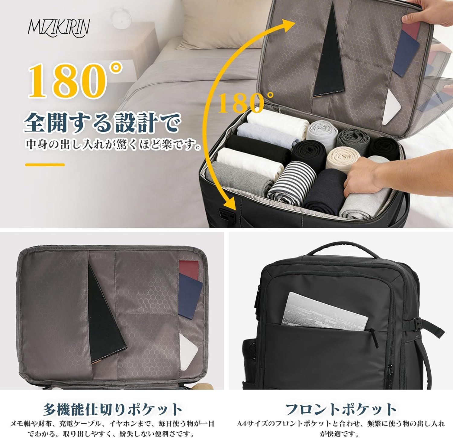 MIZIKIRIN] 旅行 リュック 大容量 40L ビジネスリュック 機内持ち込み 