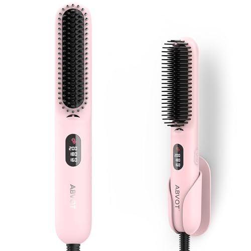 ABVOT【前髪専用C型円弧面＆密集型櫛歯先駆者】スタイリングヘアアイロンブラシ 収納ホルダー付きストレートブラシ 三段階温度調節 ミニヒートブラシ 千万級マイナスイオン放出 ストレートヘアアイロン ポータブルミニヒートブラシ 海外対応 20 17d5a1f6