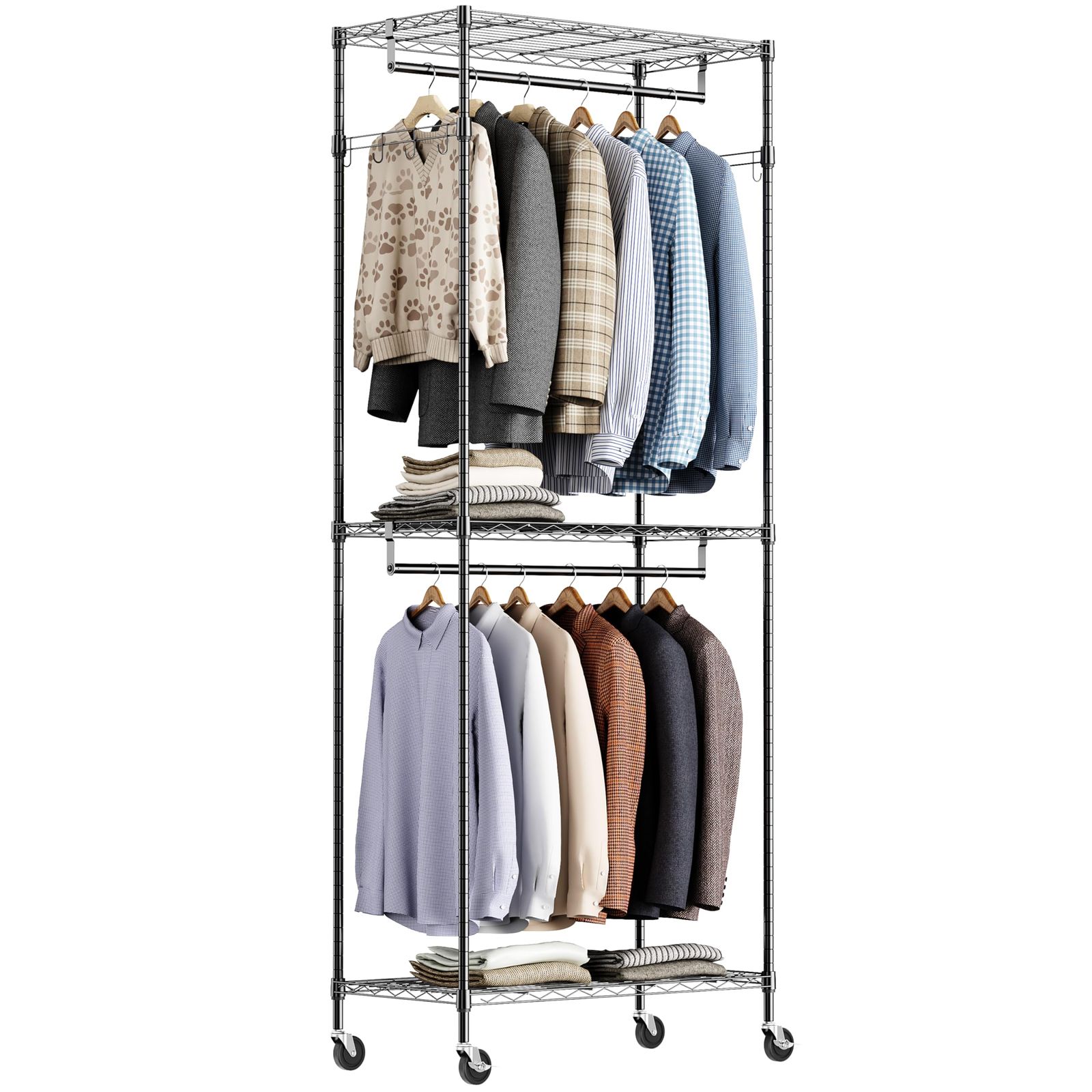 【在庫処分】収納 棚 洋服ラックポール 服掛け 防錆 ハンガーパイプ2本 頑丈 幅75×奥行40×高さ189.3cm 2段 ポール径19.1mm パイプハンガー キャスター付き コート掛け おしゃれ ハンガーラック アジャスター付属 ?面2個コート掛けフック付
