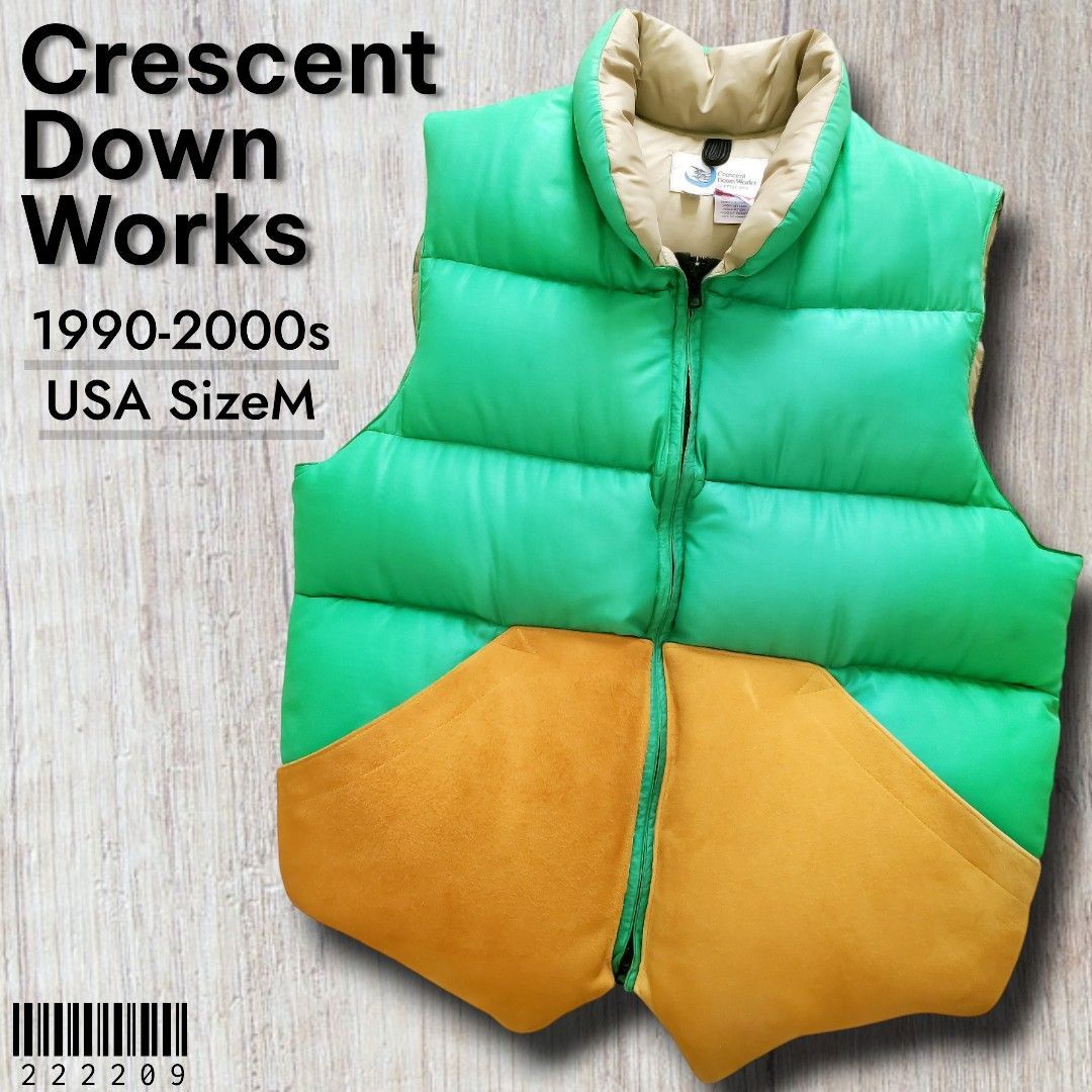 Crescent Down Works クレセントダウンワークス■良品 1990-2000s 旧タグ USA製 NBNW ノースバイノースウエスト ダウンベスト M リップストップナイロン×本革スエード 緑×マスタード