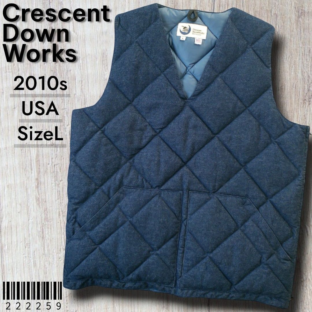 Crescent Down Works クレセントダウンワークス■美品 2010-2020s USA製 デニム ダイヤモンドキルティング ダウンベスト L インディゴ 700フィル グースダウン 濃紺 No222259