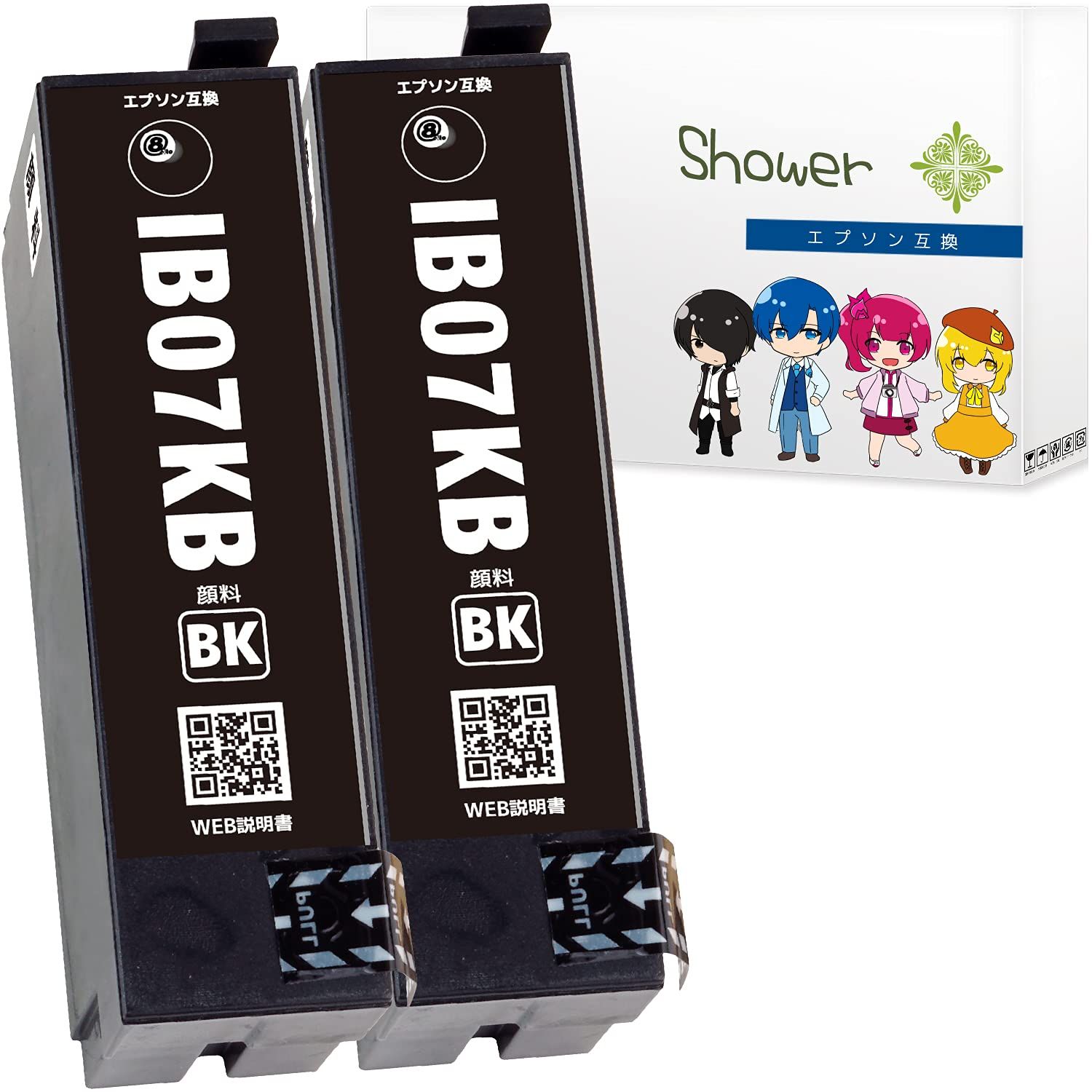 Shower インクカートリッジ エプソン 用 IB07 (PGKB/ブラック) 【顔料】2本セット (大容量) 互換インク QR/WEB説明あり 【Green Shower製】は国内梱包検品を実施【安心一年パック】 IB07KB (マウス)